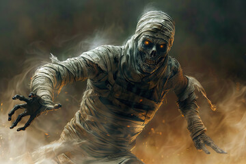 Scary sinister mummy wandering in street with dramatic lighting on Halloween, abstract vivid composition consists of fictional unreal fantastic vision on background