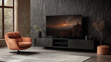 Modern minimalist living room with widescreen display and cozy armchair setup