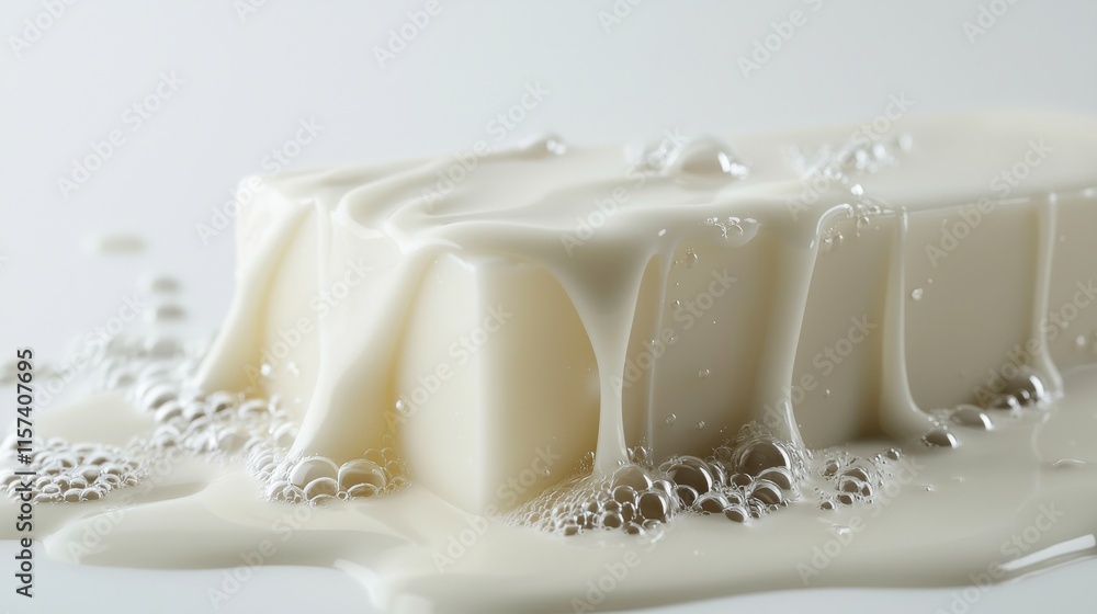 Poster a creamy block of soft substance, oozing and bubbling, captures a fresh and smooth texture, ideal fo