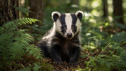 Curious Baby Badger Among Forest Underbrush