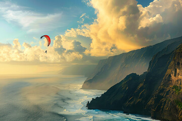 Parachutist with parachute makes heavenly adventure against on nature landscape, abstract vivid composition consists of fictional unreal fantastic vision on background