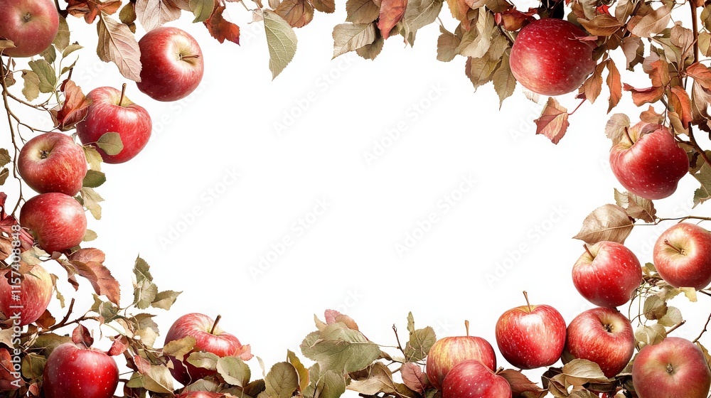 Poster a circular arrangement of red apples surrounded by green leaves on a light background, creating a fr