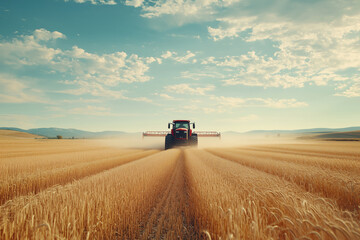 Tractor applies herbicide to vibrant springtime wheat fields under clear skies