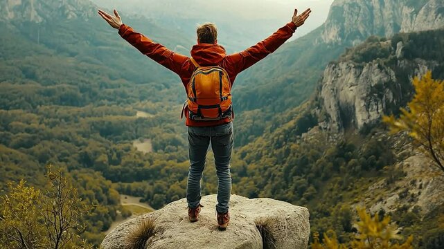 During an outdoor adventure in the mountains, an adventurous and daring visitor leaps over a precipice.