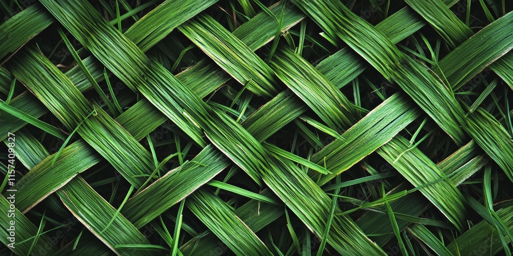 Poster a close-up view of woven green leaves, creating an intricate pattern against a backdrop of grass.