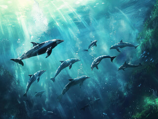 A peaceful freediving scene with the diver swimming gracefully alongside a pod of dolphins