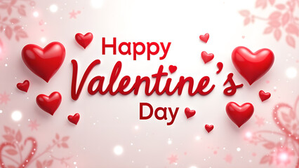 Happy Valentine's Day greeting card with 3D hearts. Romantic and festive design.
