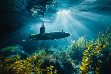 Fototapeta premium Beautiful large bathyscaphe floating in middle of deep ocean during exploration, abstract vivid composition consists of fictional unreal fantastic vision on background