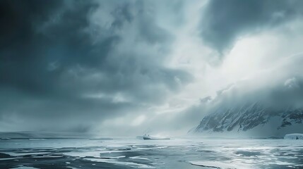 Desolate polar seascape under a dramatic and heavily clouded winter sky with dark water.