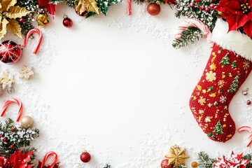 Festive Christmas Frame with Colorful Stocking, Candy Canes, Ornaments, and Decorative Elements for Holiday Art and Craft Projects