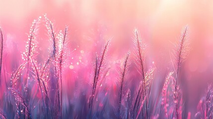 A dreamy, soft-focus image of delicate grass and flowers illuminated by gentle pink and purple hues, creating a serene and tranquil atmosphere.