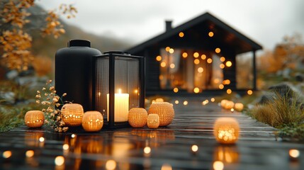 Obraz premium Cozy Autumn Evening Candles Lanterns Cabin Pathway