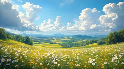 Sunny Daisies Bloom in Rolling Green Hills Landscape