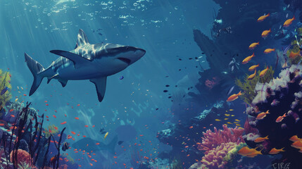 Fototapeta premium A powerful shark swimming above a coral reef with schools of fish scattering below