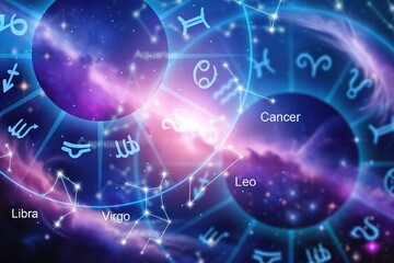 Astrology wheel and Horoscope Signs at Night Sky