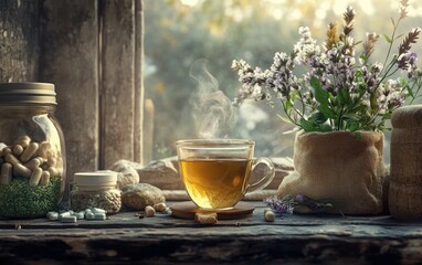 A tranquil arrangement featuring a steaming cup of herbal tea and a jar of organic supplements, set against soft, earthy textures like stone and wood. 