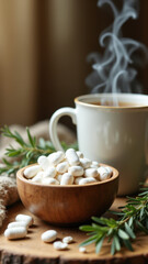 Magnesium supplements for a healthy lifestyle, accompanied by soothing elements like marshmallow root and rosemary.