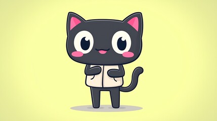 Naklejka premium Cute cartoon black cat wearing a cream vest.