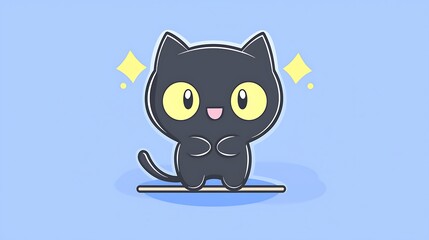Obraz premium Cute cartoon black cat with big eyes, standing on a small platform against a light blue background.