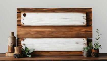 Rustic Wooden Signboard with Natural Decor Elements and Neutral Background