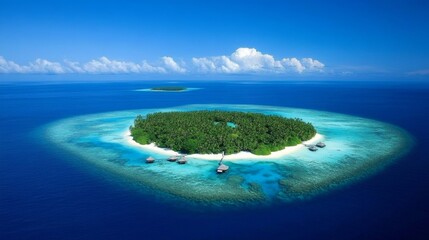 Aerial view of a tropical island surrounded by clear blue waters and coral reefs, showcasing vibrant greenery and serene beach areas.