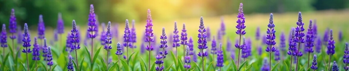Tall spikes of blue-purple flowers blooming in a field, herb garden, salvia species