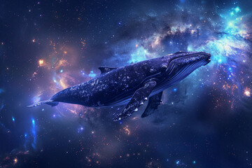 Naklejka premium Fantastically beautiful majestic huge whale in deep blue ocean, abstract vivid composition consists of fictional unreal fantastic vision on background