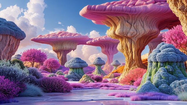 Extraterrestrial landscape with petrified mushrooms