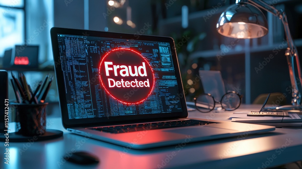 Aufkleber pop-up warning for fraud detected on a laptop screen with alert glow effect.