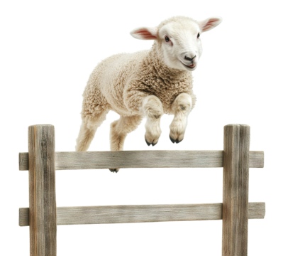 Adorable lamb jumping over a wooden fence, isolated on transparent cutout background
