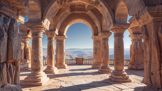 Ancient ruins with columns and views of the hills