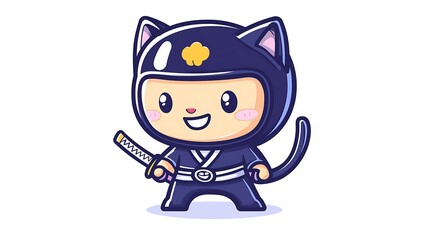 Cute cartoon cat ninja holding a katana sword.