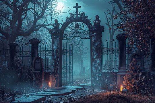 Fantastically mysterious cemetery with tombstones and terribly scary atmosphere, abstract vivid composition consists of fictional unreal fantastic vision on background