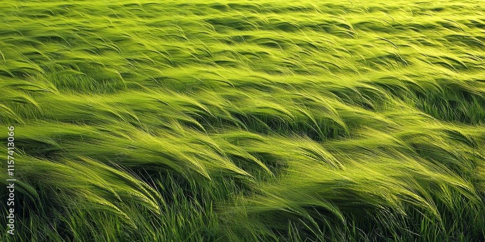 Poster a lush green field of gently swaying grass, illuminated by soft sunlight, creating a serene and tran