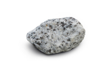 Obraz premium A piece of granite rock isolated on a white background. Granite is a coarse-grained, light-colored igneous rock composed mainly of feldspars and quartz.