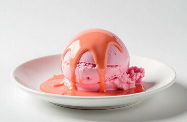 pink scoop of ice cream c with syrup in a white plate close-up