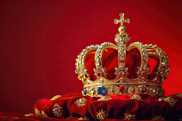 Fototapeta premium Fantastic beautiful king or queen crown from vivid gold material for coronation, abstract vivid composition consists of fictional unreal fantastic vision on background