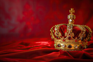 Fototapeta premium Fantastic beautiful king or queen crown from vivid gold material for coronation, abstract vivid composition consists of fictional unreal fantastic vision on background