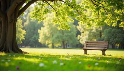 Fototapeta premium Peaceful park scene with a wooden bench under a large tree