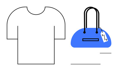 Simple outline of a T-shirt and blue handbag with a price tag. Ideal for fashion, retail, online shopping, product catalogues, marketing, sales promotions, minimalist design. Line metaphor