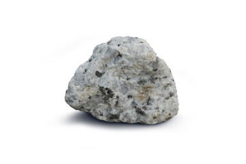 A piece of granite rock isolated on a white background. Granite is a coarse-grained, light-colored igneous rock composed mainly of feldspars and quartz.