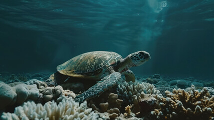 Obraz premium A serene underwater shot of a lone sea turtle resting on a coral bed