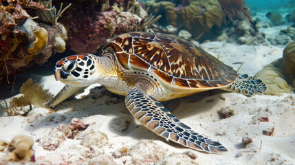 A serene underwater shot of a lone sea turtle resting on a coral bed