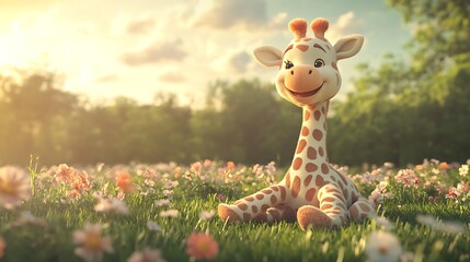 Adorable Baby Giraffe Rests In Sunny Flower Meadow