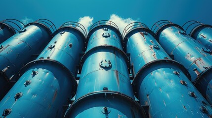 Low angle view of several large blue industrial silos against a bright blue sky.