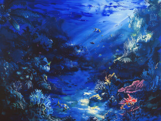 Fototapeta premium A serene underwater view of snorkelers admiring the beauty of colorful coral and small schools of fish