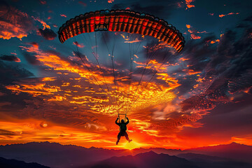 Obraz premium Parachutist with parachute makes heavenly adventure against on nature landscape, abstract vivid composition consists of fictional unreal fantastic vision on background