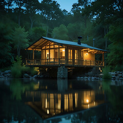 Fototapeta premium Serene Lakeside Cabin at Twilight.