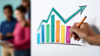 A close-up of a wall-mounted whiteboard with a hand drawing a growth graph, diverse team members adding input in the background.