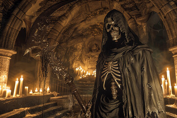 Scary grim reaper with sharp scythe in hell with dark dramatic color, abstract vivid composition consists of fictional unreal fantastic vision on background